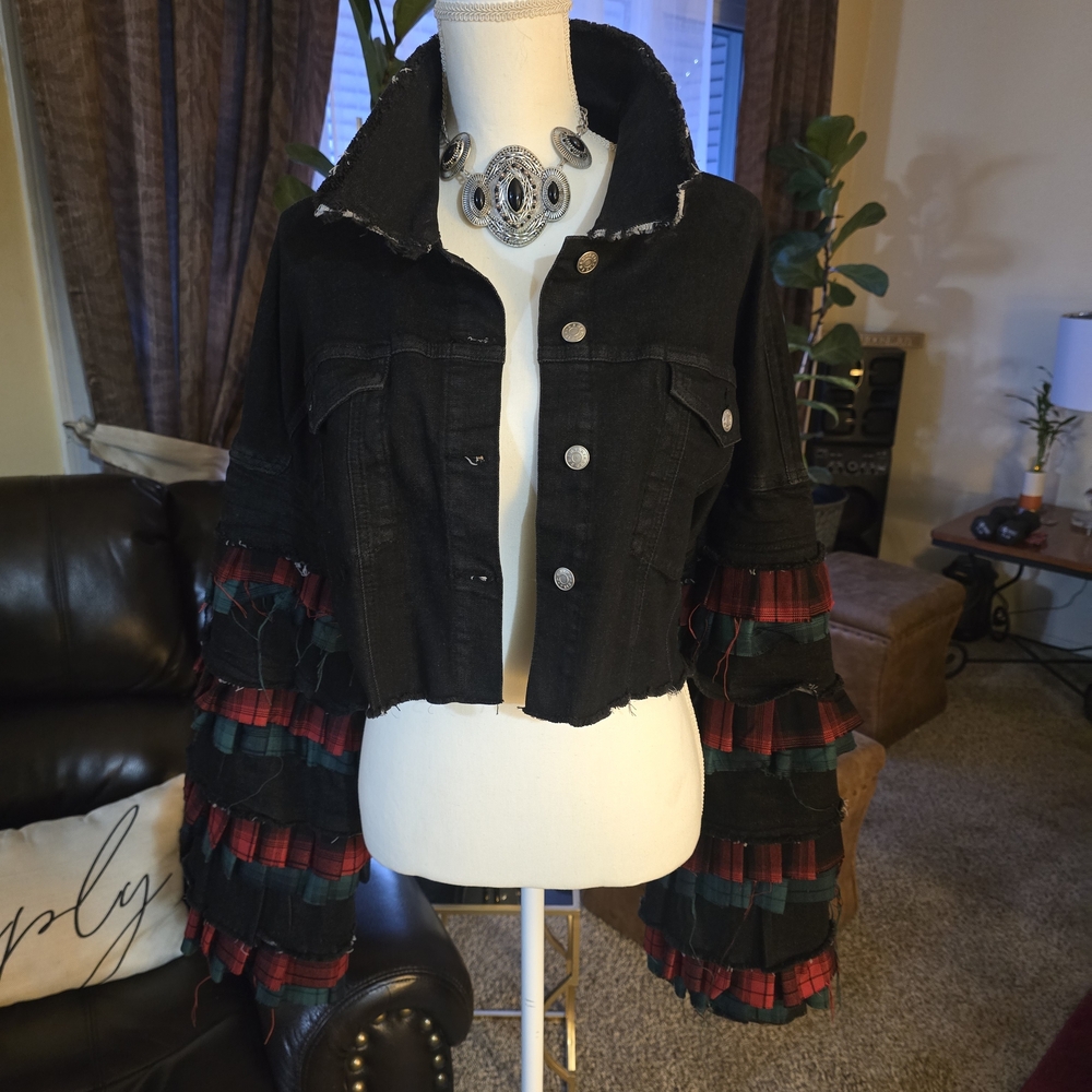 AKIRA Black Jean Jacket with Red & Green Plaid Ruffle Sleeves